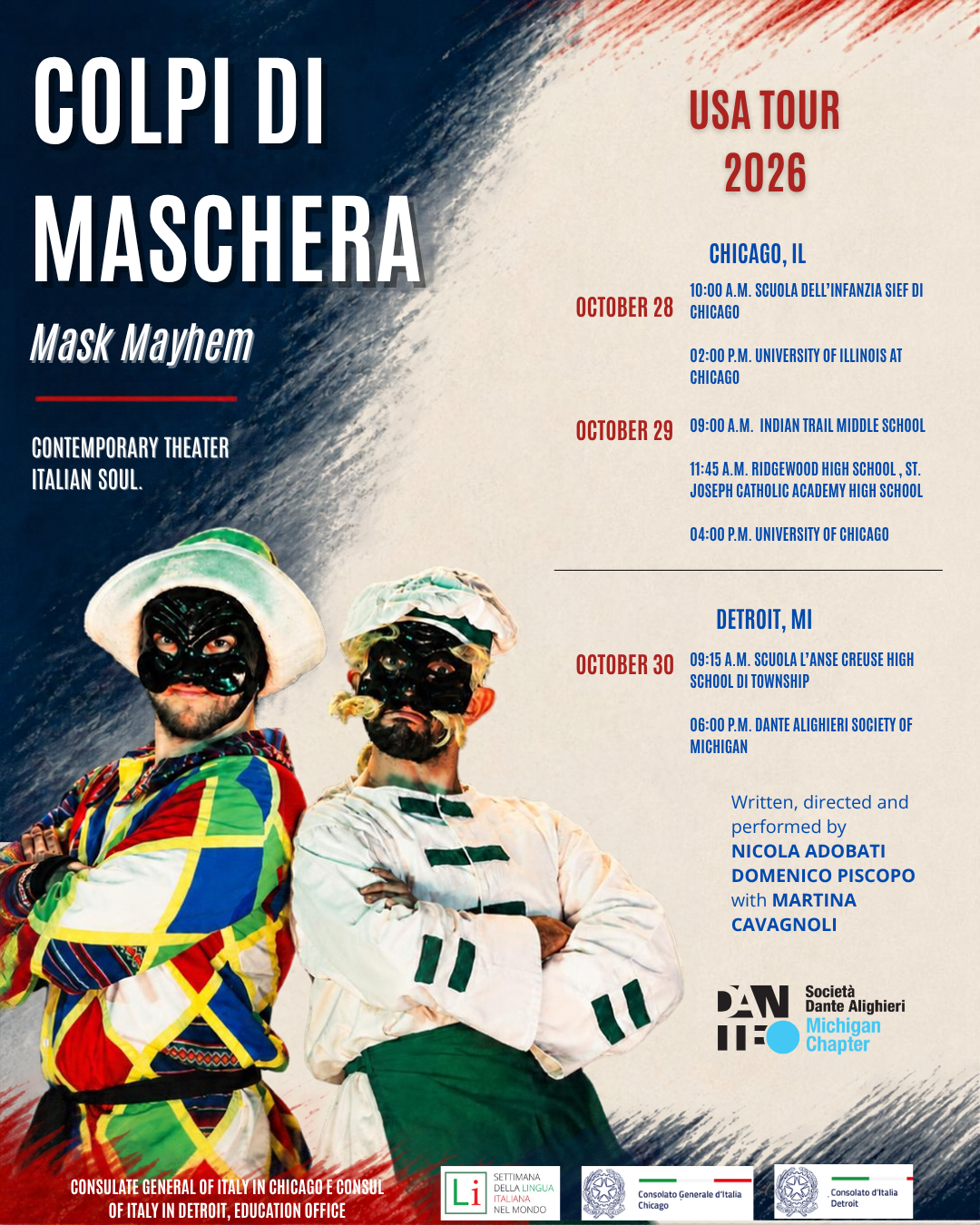 2026 Ottobre 14 calendario evento teatrale A colpi di maschera Chicago + Detroit Tappe USA SOCIAL